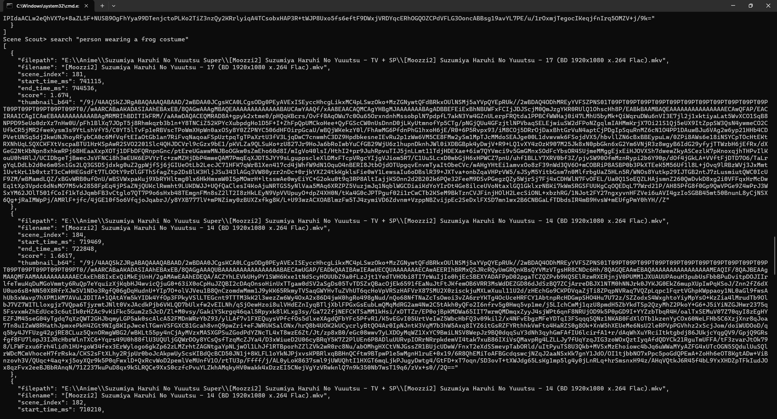 Interactive CLI interface showing JSON output from database